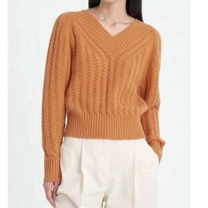Theory V-Neck Cable Knit Sweater - Brown 100% Cashmere SZ Large